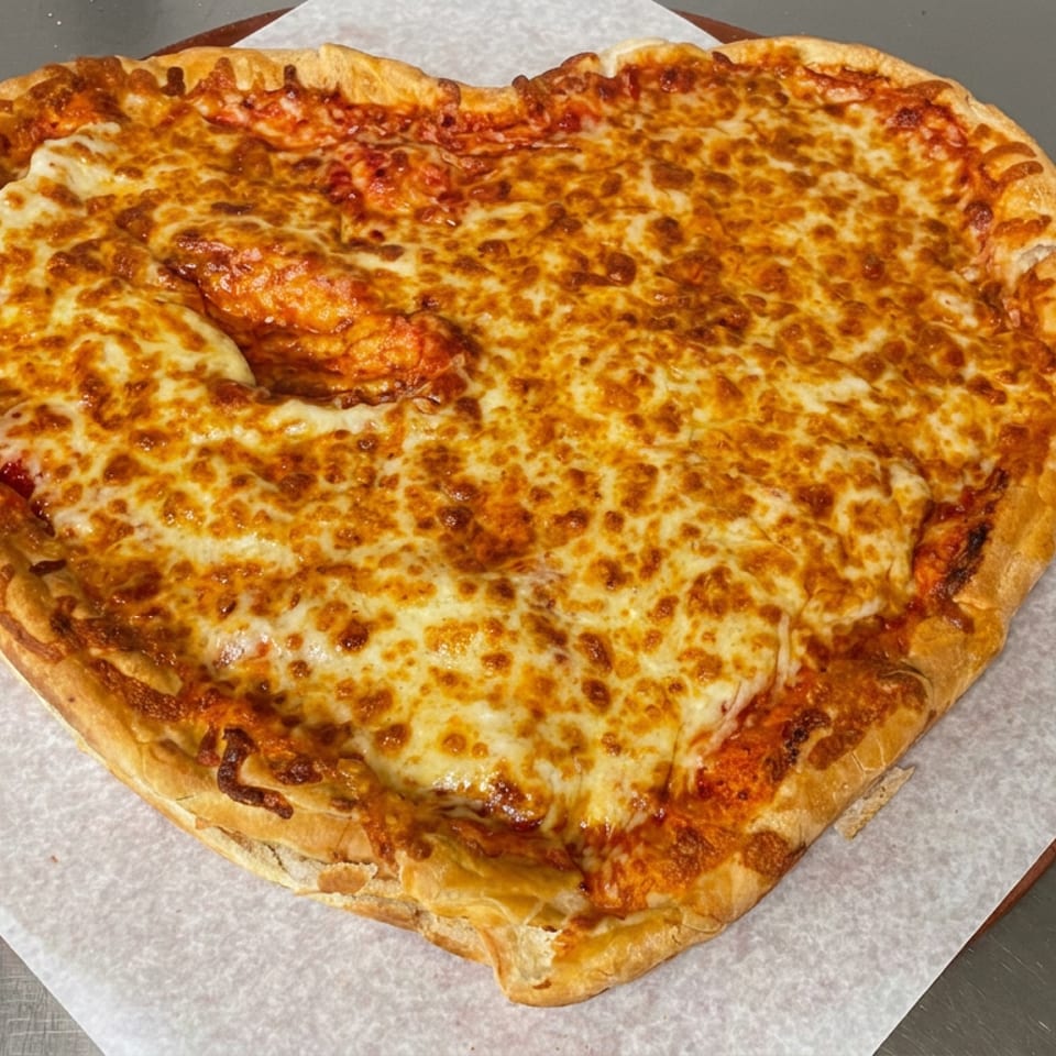 Heart-shaped cheese pizza with golden-browned mozzarella and tomato sauce on parchment paper.
