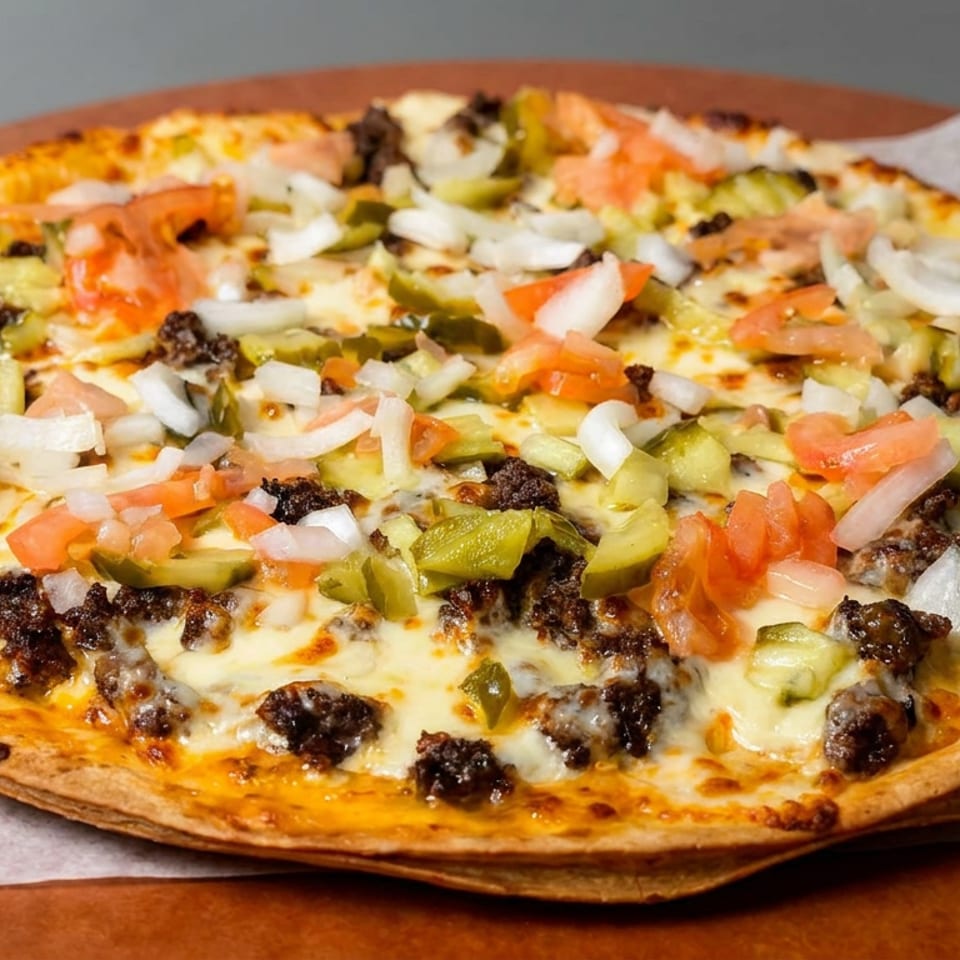Cheesy pizza topped with ground meat, green peppers, onions, and diced tomatoes on parchment paper.