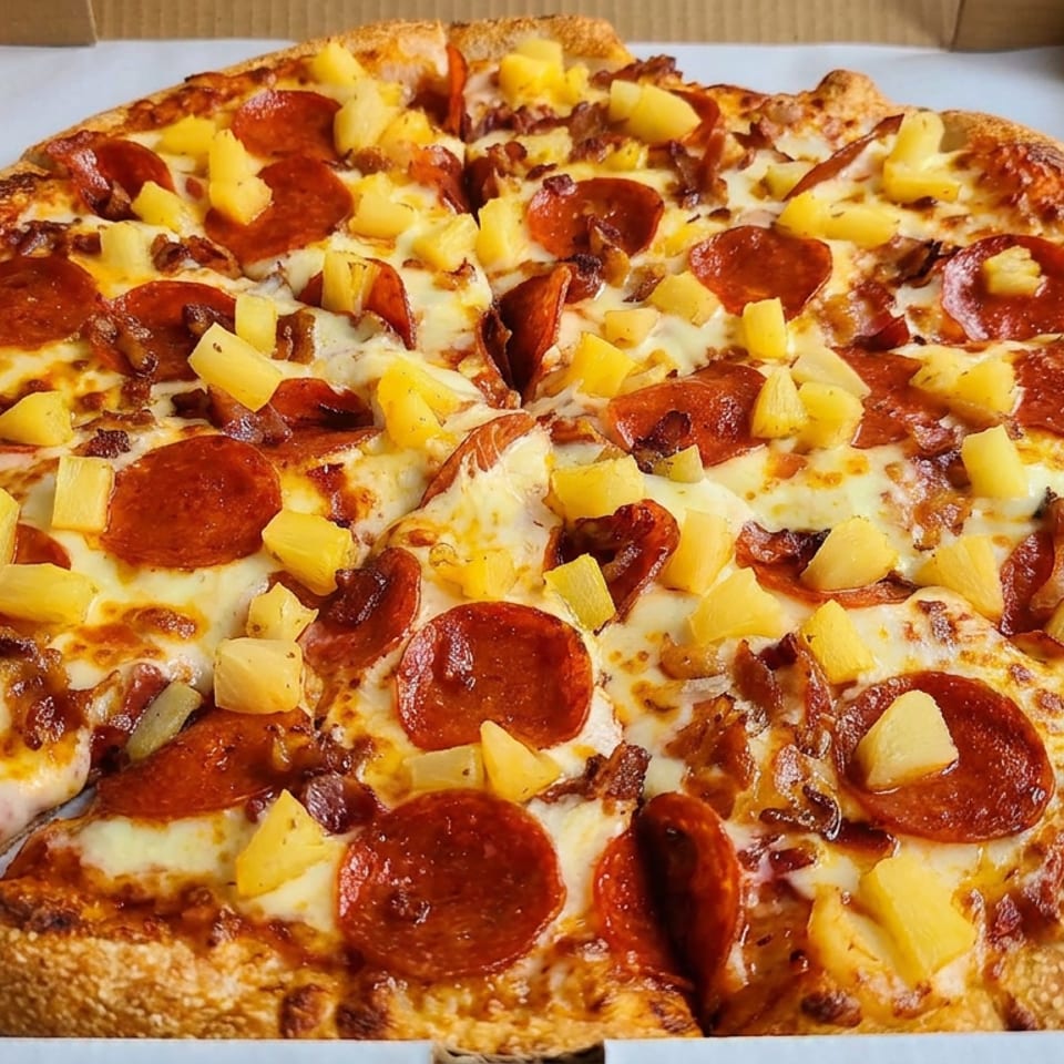 Pepperoni and pineapple pizza with melted cheese and bacon pieces in an open cardboard box.