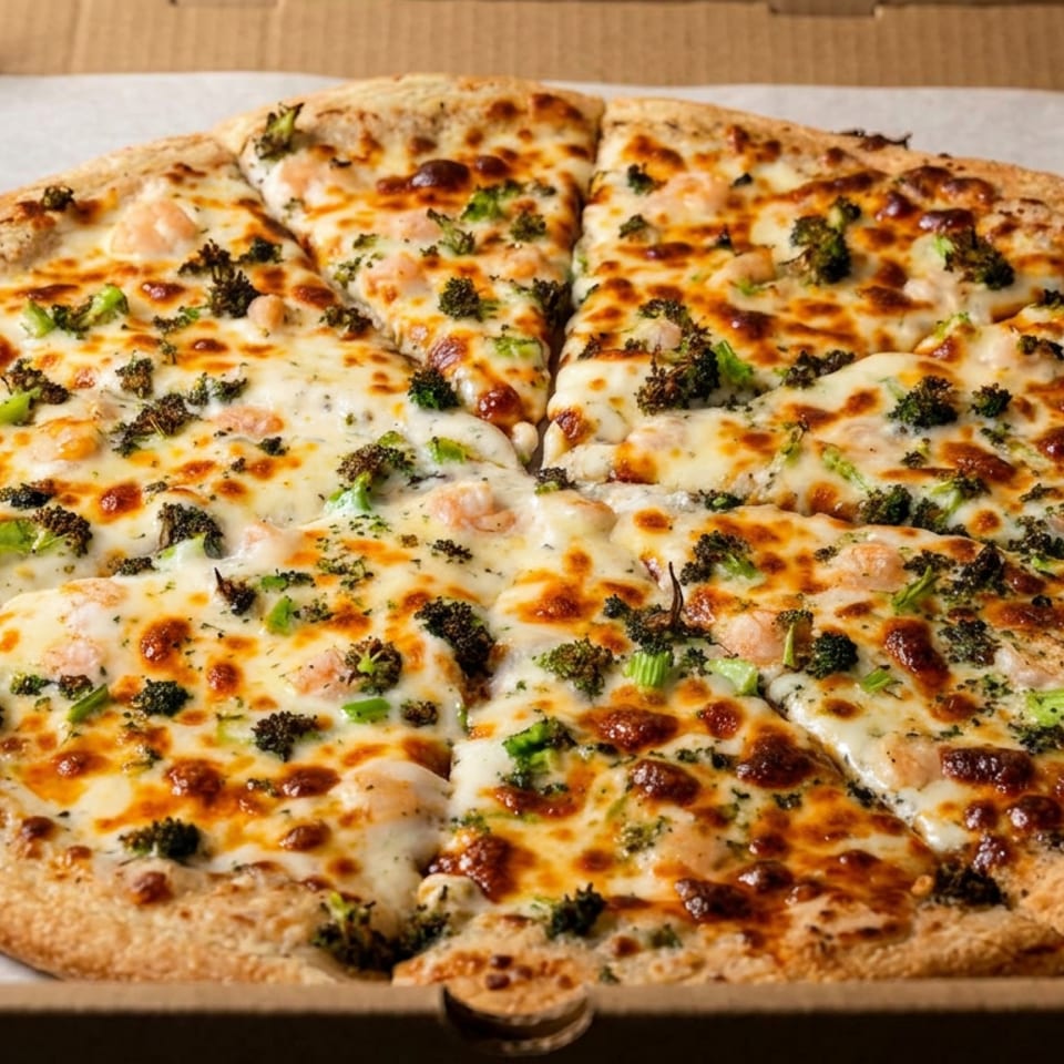 Cheesy round pizza topped with broccoli and herbs, sliced into pieces inside a cardboard delivery box.