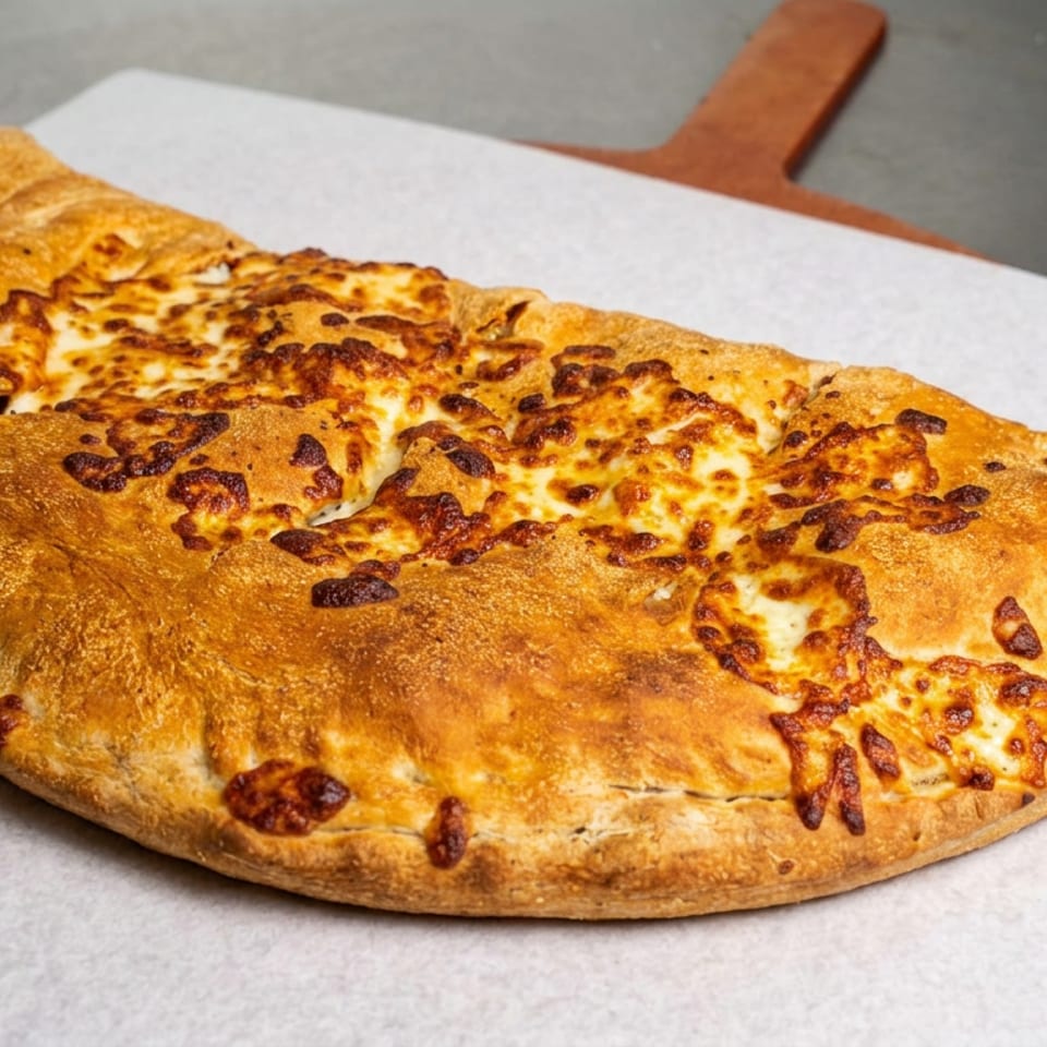 Golden-brown cheese calzone with a folded crust served on parchment atop a wooden pizza board.