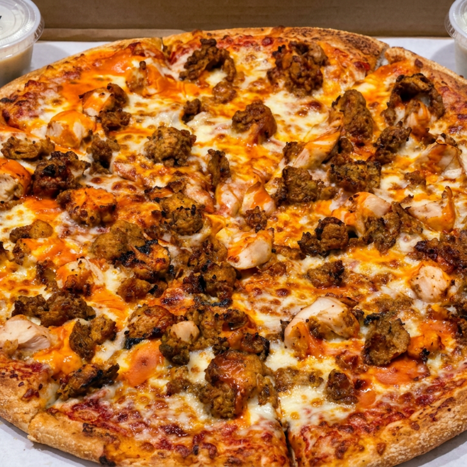 Large cheese pizza topped with shrimp, chicken, and seasoned meat sits in a cardboard box with two dipping sauces.