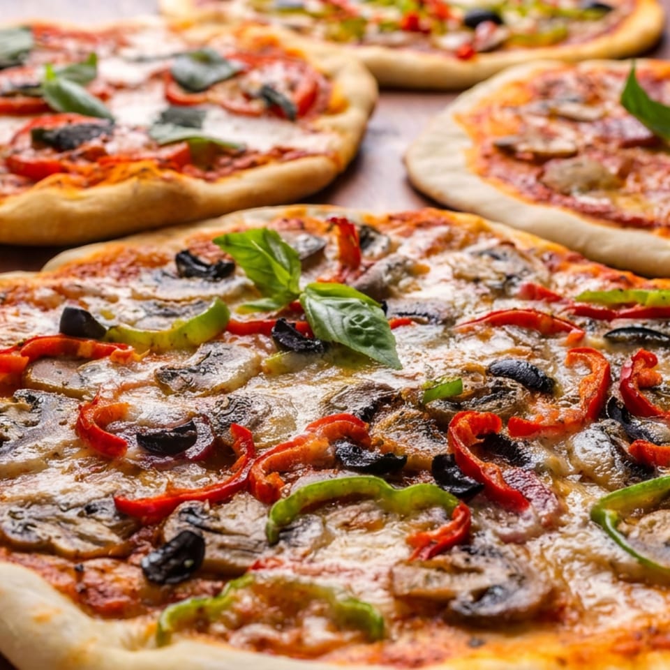 Four vegetable pizzas topped with mushrooms, peppers, olives, melted cheese, and fresh basil on a wooden table.