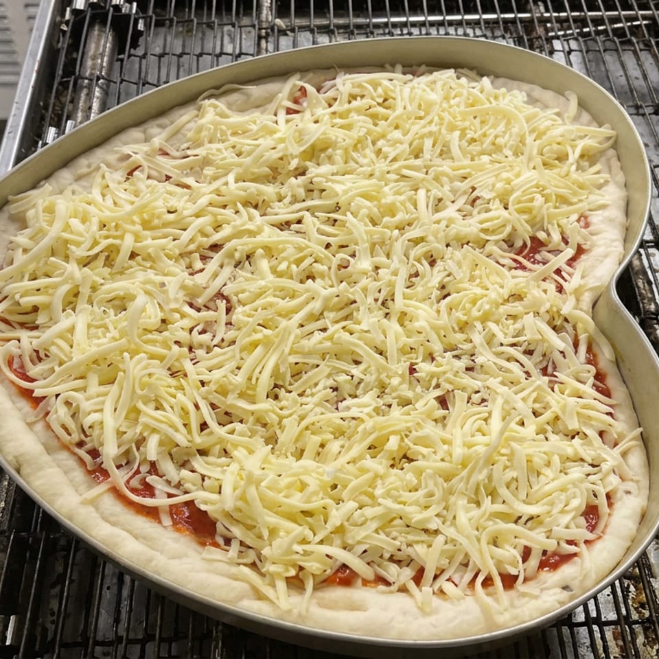 Unbaked cheese pizza with tomato sauce in a round metal pan on an oven rack.