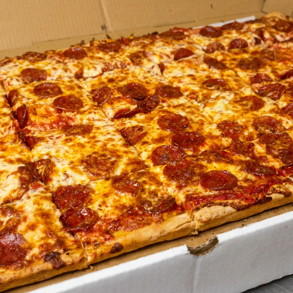 Large rectangular pepperoni pizza with melted cheese in an open cardboard delivery box.