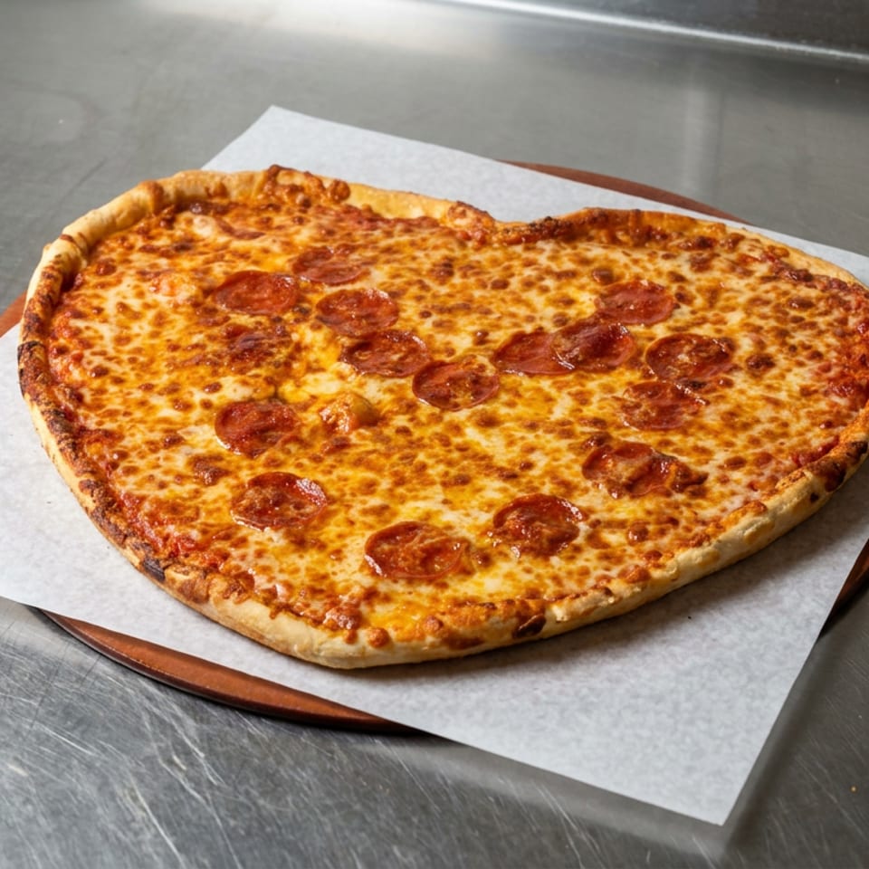 Round pepperoni pizza with melted cheese rests on parchment paper atop a wooden board and stainless steel counter.