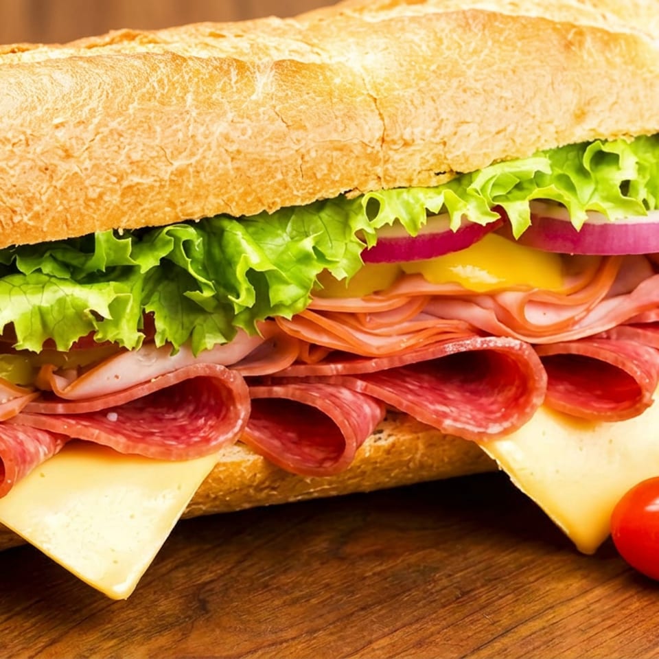 Large deli sandwich on crusty bread layered with lettuce, sliced meats, cheese, tomato, and red onion on a wooden board.